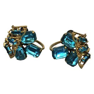 Czech Glass Earrings Blue Brass Screw Ons Czechoslovakia Vintage Jewelry